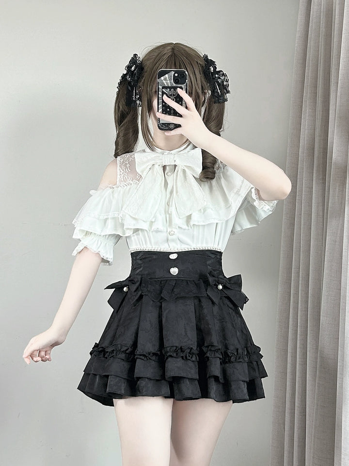 Solid Ryousangata Blouse, Lace Open-shoulder 44164:801556