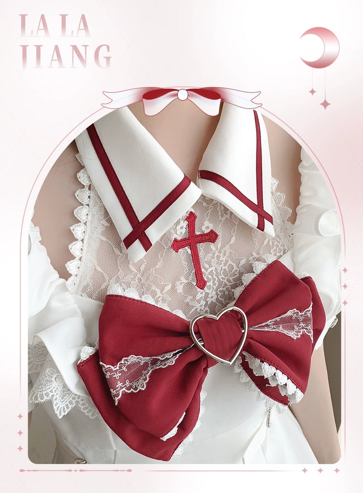 Red and White Yami Kawaii Dress, Lace Halter Neck 43725:783584
