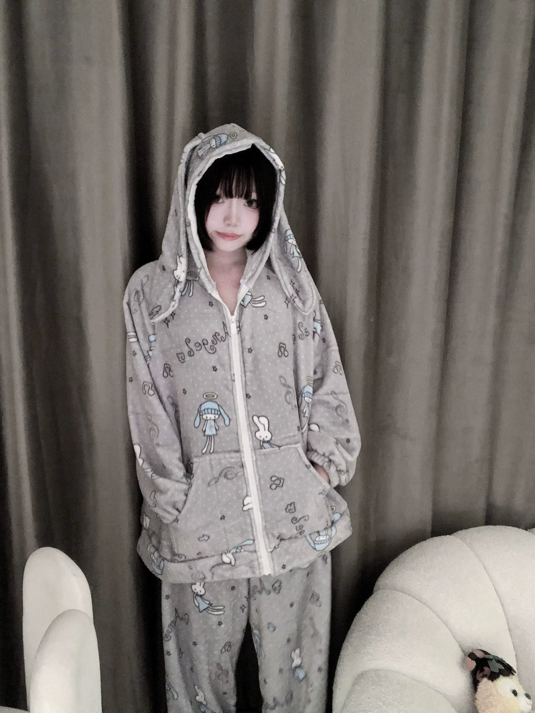 Bunny-ear Hooded Pajamas Set, Angel Bunny Print (L M S XL) 44749:830355