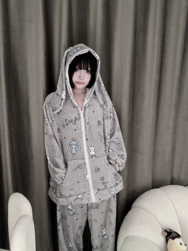 Bunny-ear Hooded Pajamas Set, Angel Bunny Print (L M S XL) 44749:830355