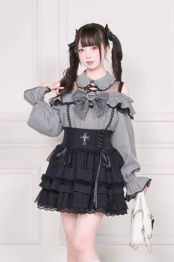 Sheer Open Shoulder Jirai Kei Blouse, Chest Flounce Hem (Plaid / L M) 43682:782669
