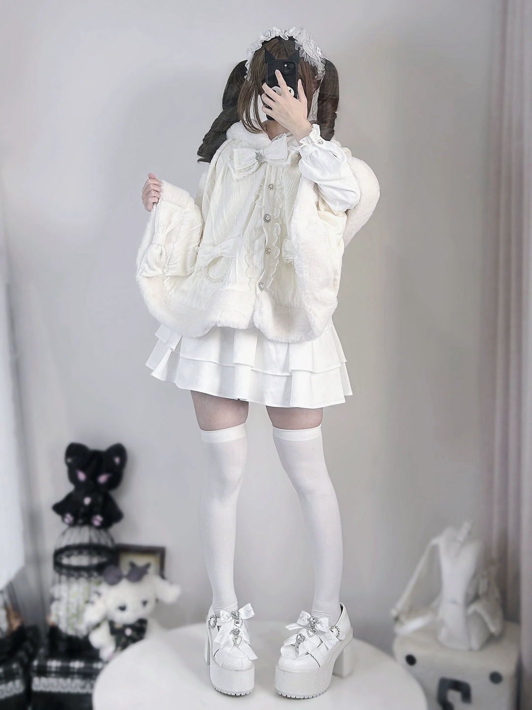 Jirai Kei Coat Fleece Cape Rabbit Ear Hooded Coat 40082:654324