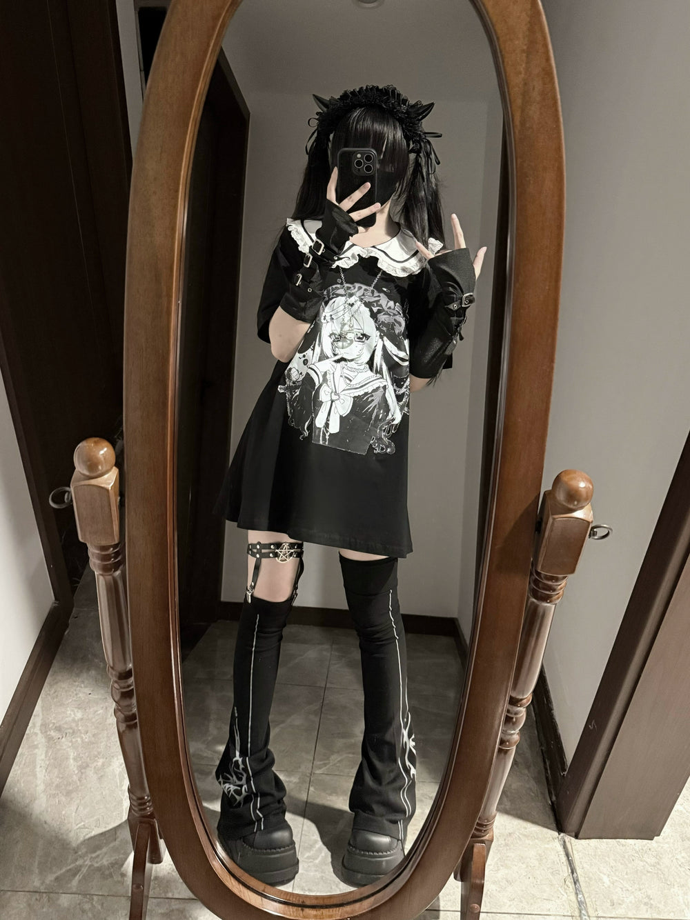 Cotton Subcul Jirai Kei T-Shirt, Dark Cute Girl Print (Black / L M) 43568:779989