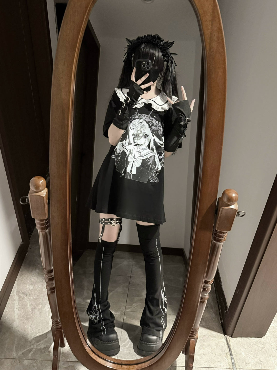 Cotton Subcul Jirai Kei T-Shirt, Dark Cute Girl Print (Black / L M) 43568:779989