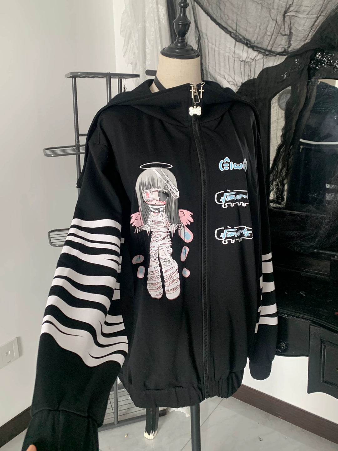 Jirai Kei Blue Black White Thin Hoodie 29268:357944