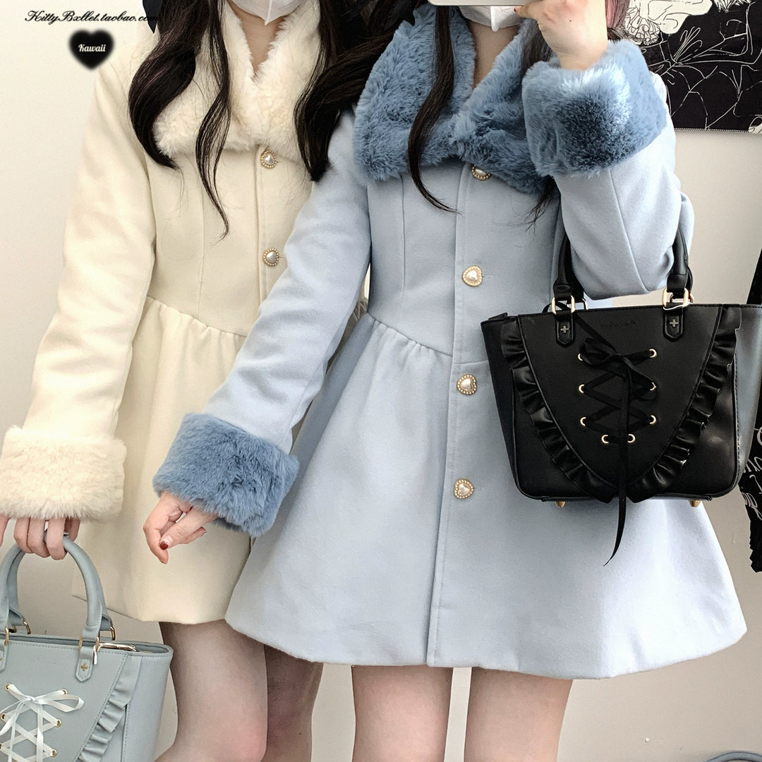 Jirai Kei Coat Detachable Fur Collar Dress Coat Wool-like Jacket 40416:667670