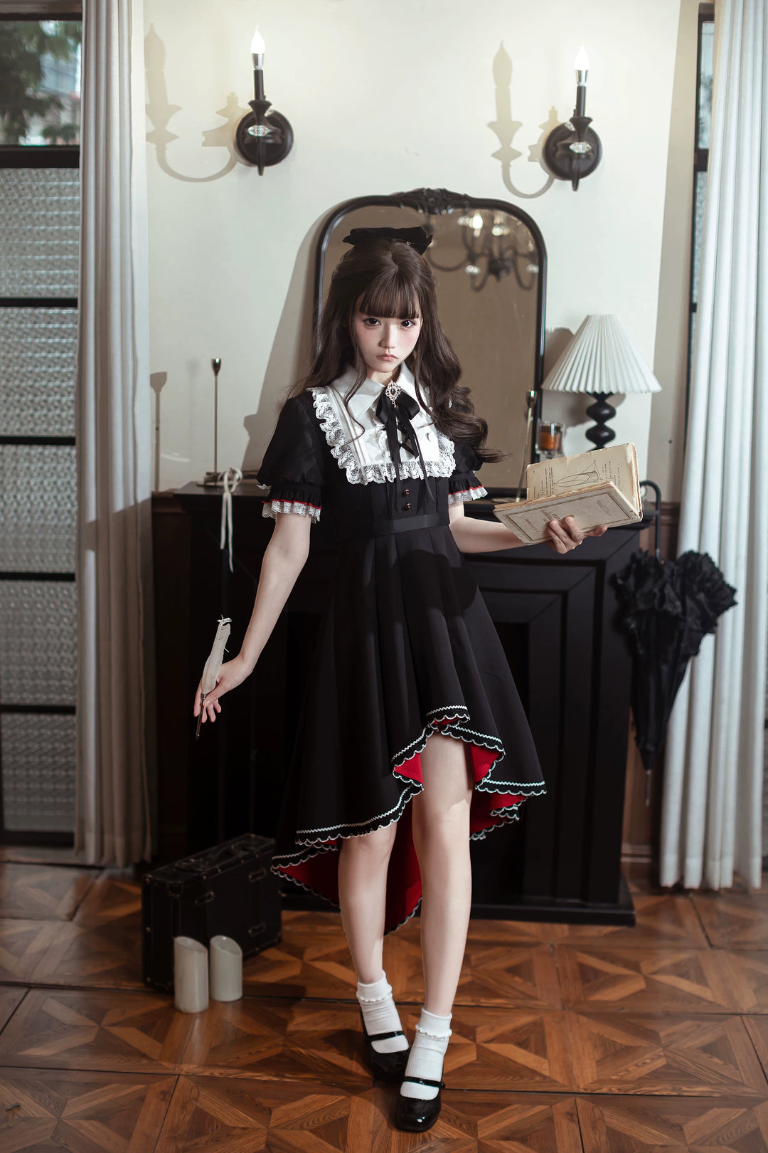 Gothic Style Lace Trim Dress, High-Low Hem 45334:848903