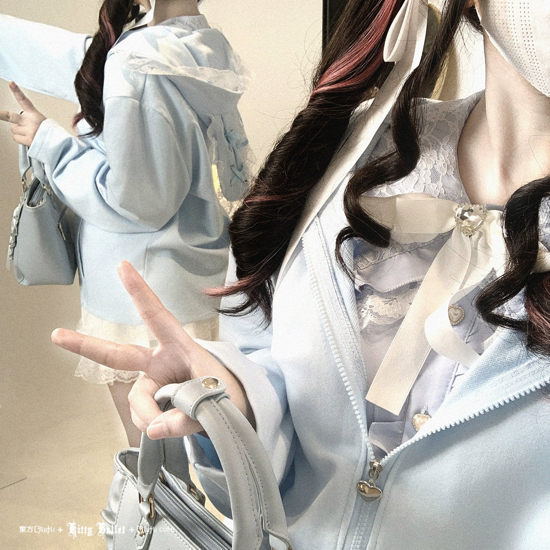 Kawaii Zipper Closure Jacket, Lace Bunny Ear 44002:792505