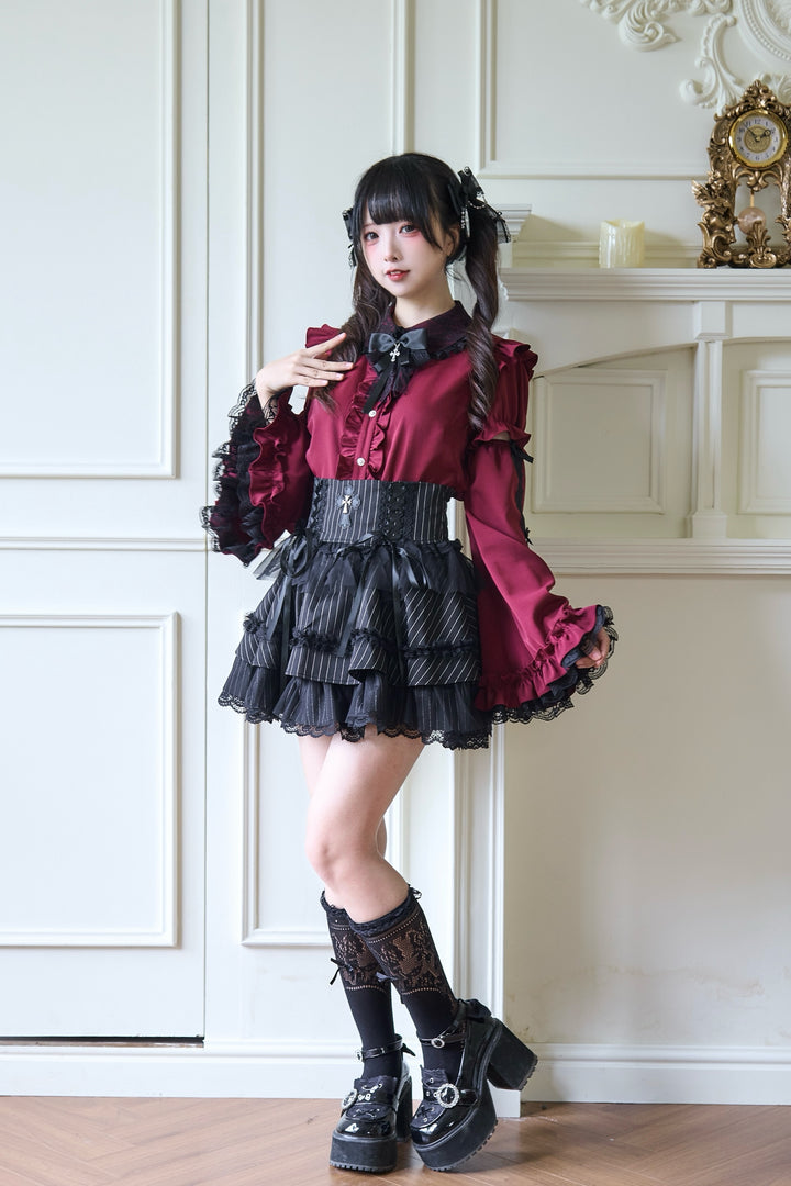 Ruffle Jirai Kei Blouse with Detachable Princess Sleeves And Bow 42522:744302