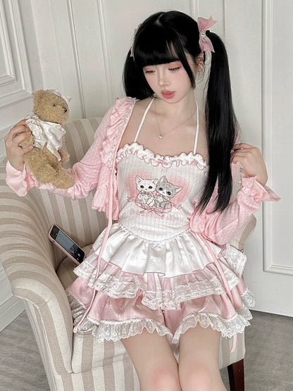 Ryousangata Skirt Set Pink Cardigan White Straps Top 37008:548374