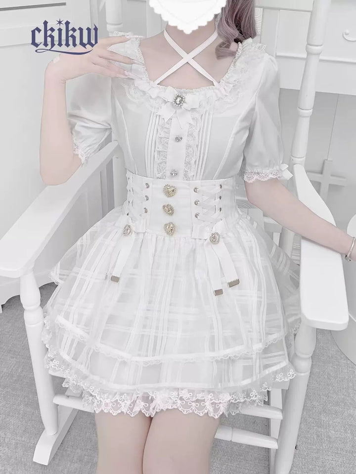 Lace Square Neck Jirai Kei Blouse, Detachable Rhinestone Bow (L M S) 43611:780666