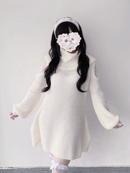 Jirai Kei White Sweater Dress Off-Shoulder Lace Dress 31844:372124