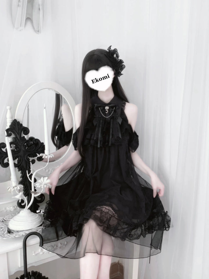 Seiso Kei Open Shoulder Dress, Black Tulle Overlay 45555:854192
