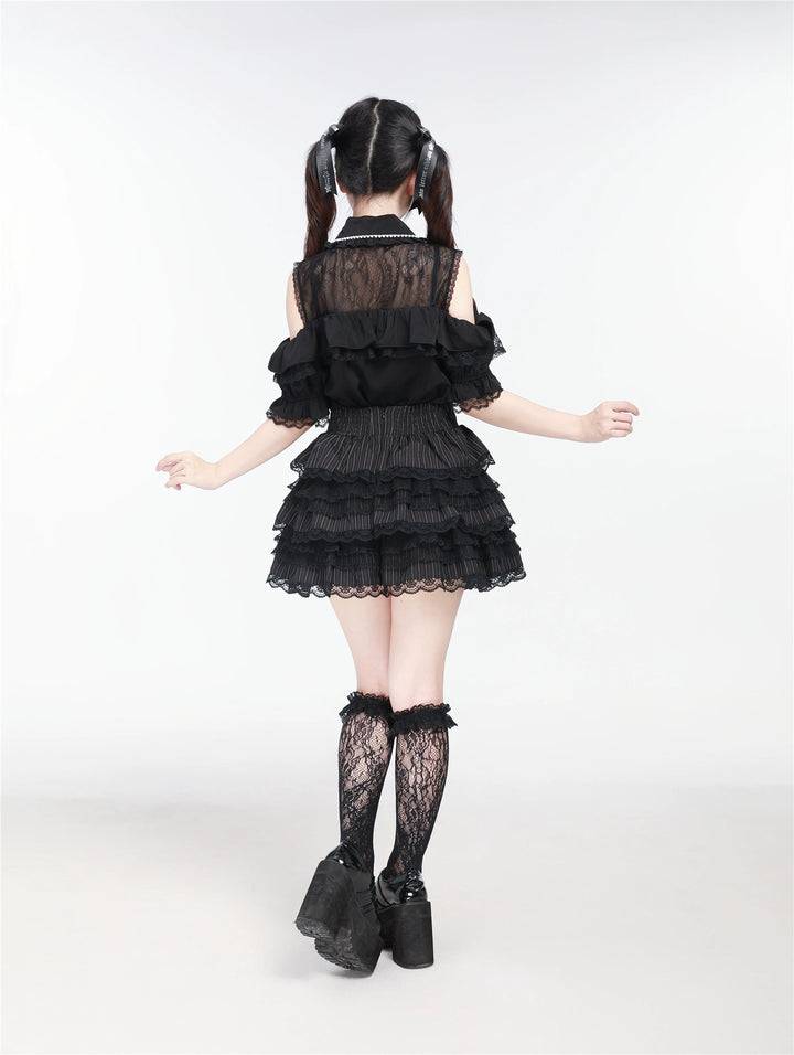 Jirai Kei Tiered Ruffles Skirt With Heart-Shaped Lace Trim 43327:773610