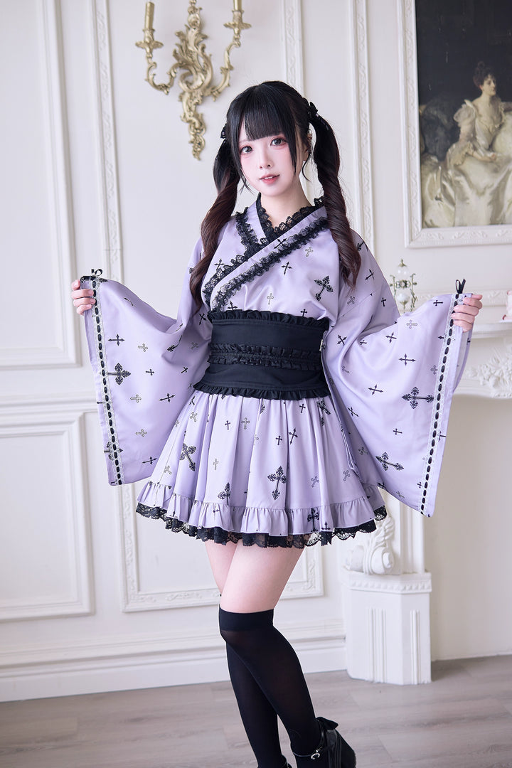 Wa-Style Jirai Kei Kimono Blouse + Ruffle SKirt + Wide Obi Belt (M S) 42799:765956