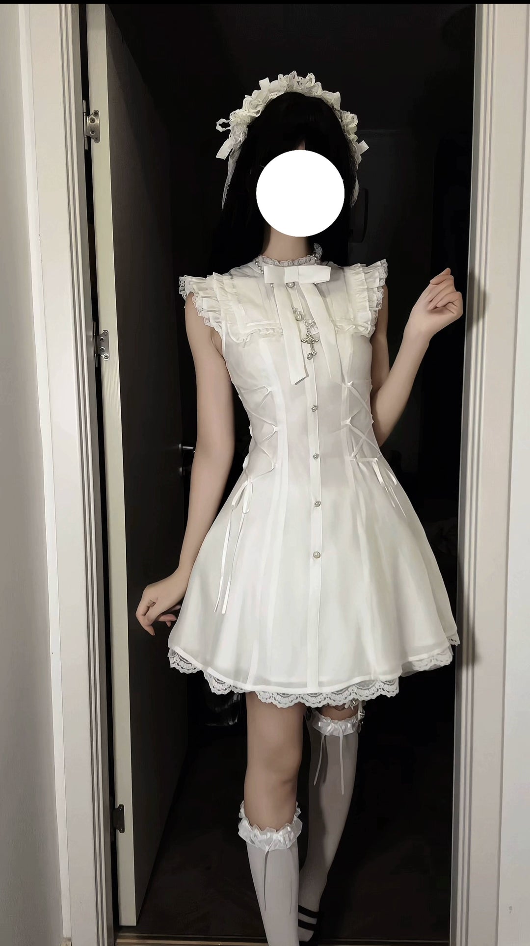 Daily Ruffle Shoulder Dress, Waist Lace-Up (White / L M S) 44169:798681