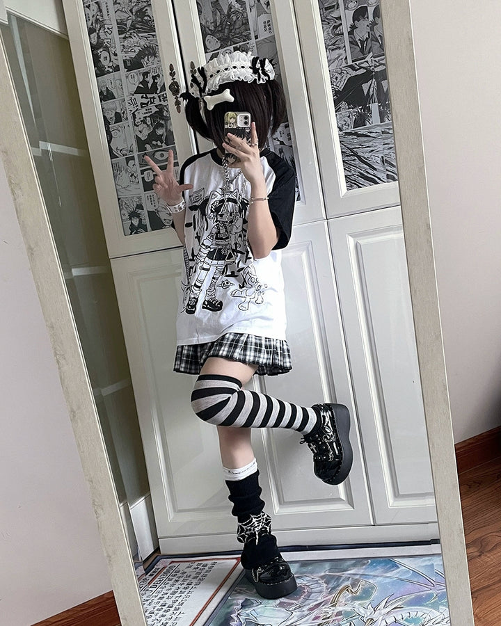 Subculture Shirt Black White Raglan Sleeve T-shirt Anime Top 37742:579306