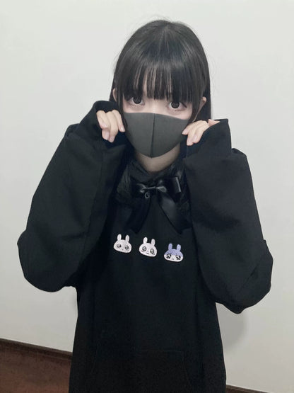Plus Size Jirai Kei Hoodie Cute Black hooded Sweatshirt 35264:485162
