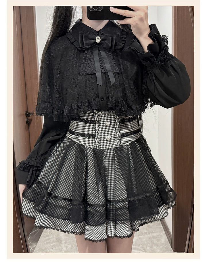 Jirai Kei Lace-cape Blouse, High-waist Skirt Outfit (格子下裙 黑色上衣 / 2XL 3XL 4XL L M S XL) 43933:790390