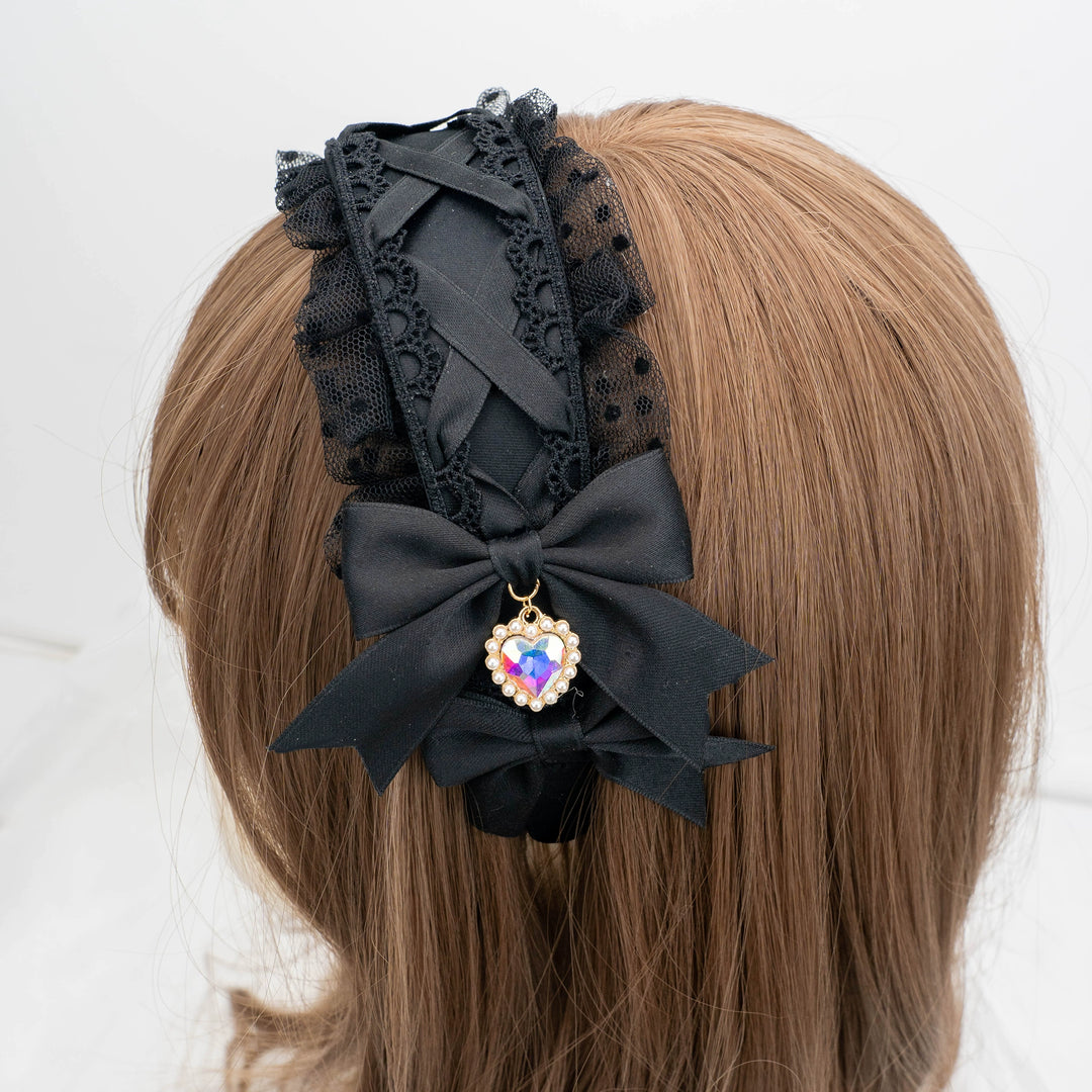 Jirai Kei Hair Hoop Lace Cross Bow Heart Diamond Hairband 21584:311738