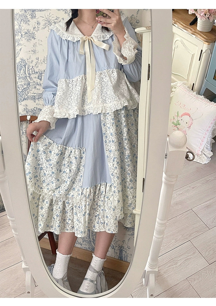 Mori Kei Skirt Patchwork Floral Skirt High Waist Cotton Skirt 36558:531064