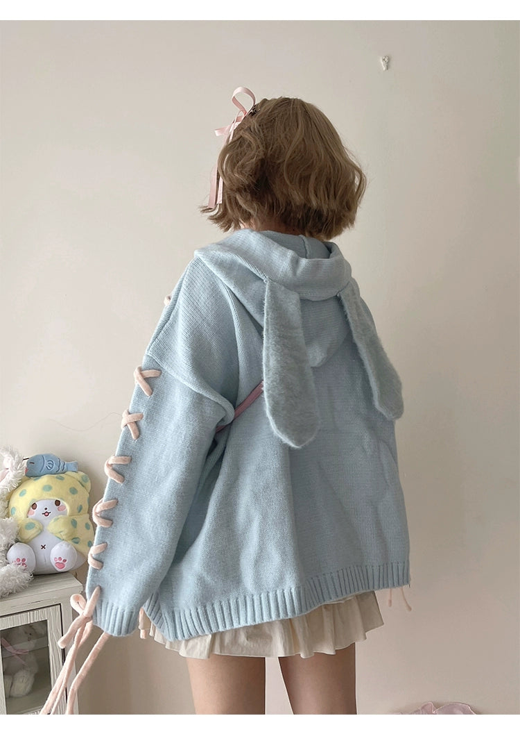 Kawaii White Pink Blue Cardigan Bunny Ears Sweater Coat 22658:345296 22658:345296