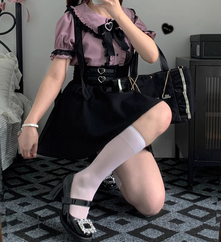 Jirai Kei Shirt Sweet Lace Blouse Short Sleeve Peter Pan Collar 35260:536032 35260:536032
