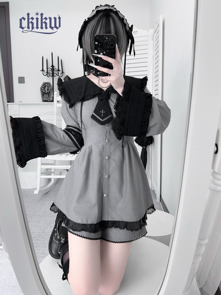 Sailor Collar Jirai Kei Dress Set, Detachable Armband (L M S XS) 43864:788483