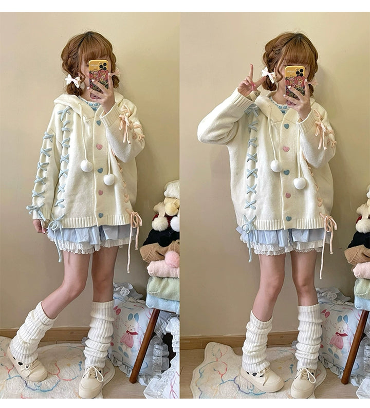 Kawaii White Pink Blue Cardigan Bunny Ears Sweater Coat 22658:345312 22658:345312