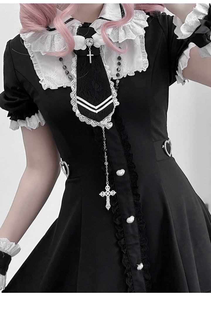 Black and White Jirai Kei Dress, Back Lace-Up 43613:780935