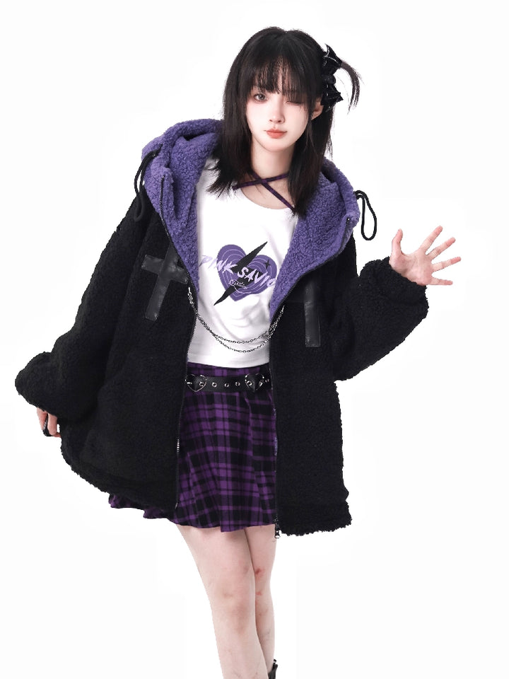 Jirai Kei Winter Coat Purple Black Outfit Sets Bear Ears Jacket 32572:421912 32572:421912