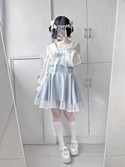 Jirai Kei Skirt Sweet Pink Blue Skirt With Flounce Hem 35800:504102