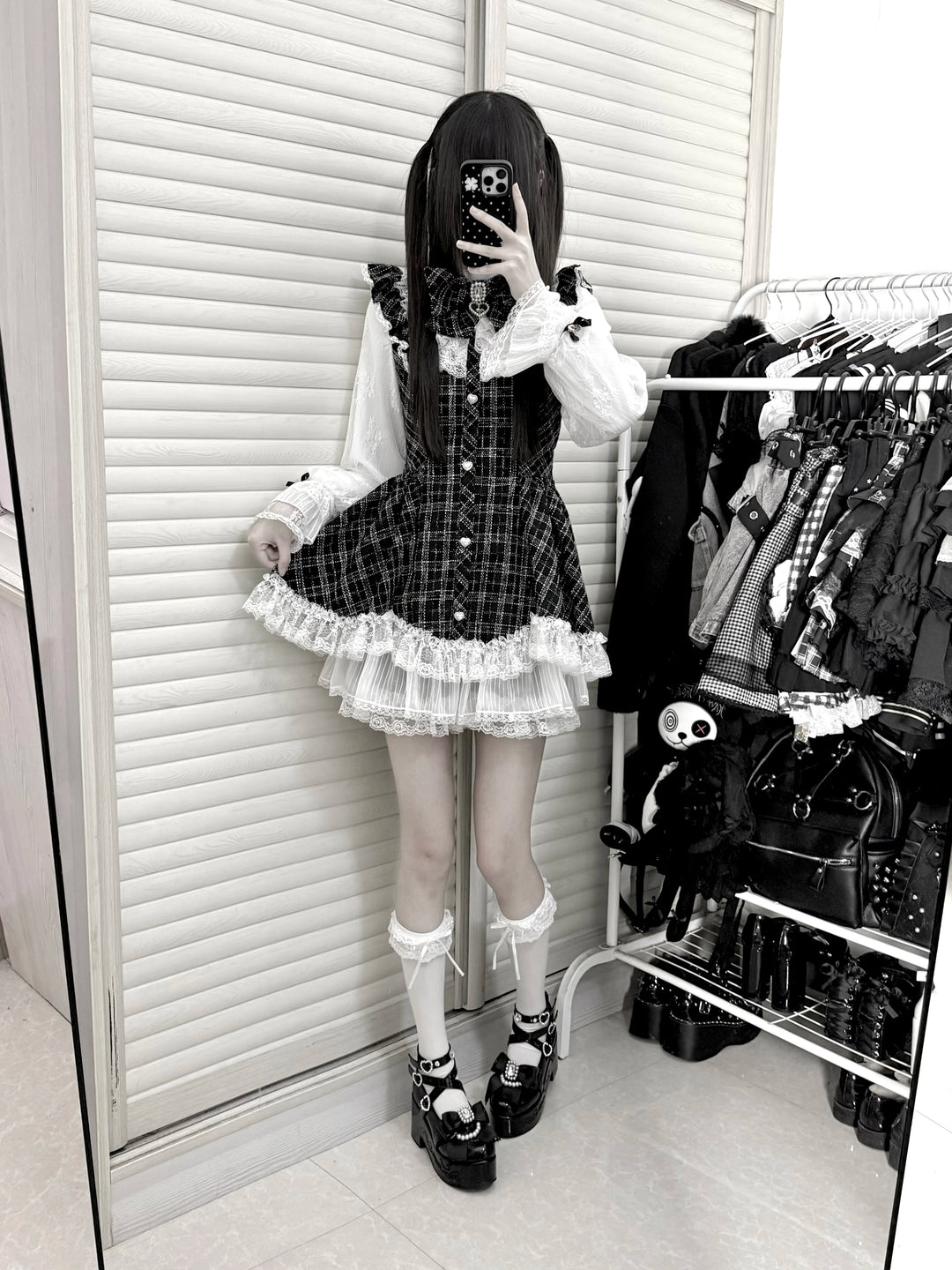 Jirai Kei Plaid Dress Set, Petal-Shaped Lace Hem 44765:825639