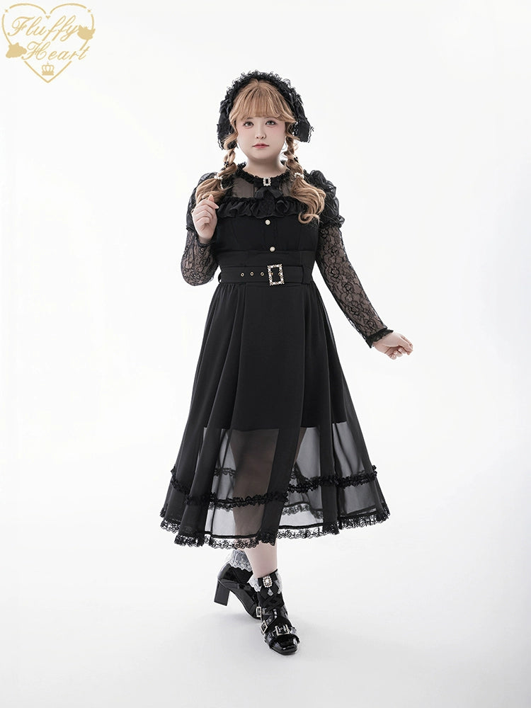 Lace-sleeves Jirai Kei Blouse & Voile Skirt With Detachable Belt 42954:758886