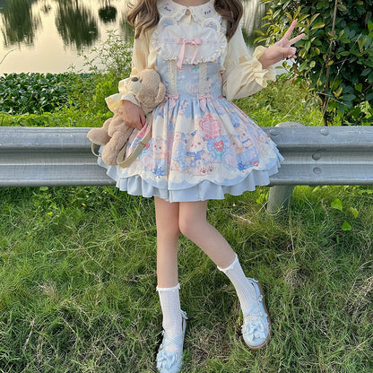 Sweet Lolita Dress Bear Print Jumper Dress Kawaii Salopette (L S) 37288:555286