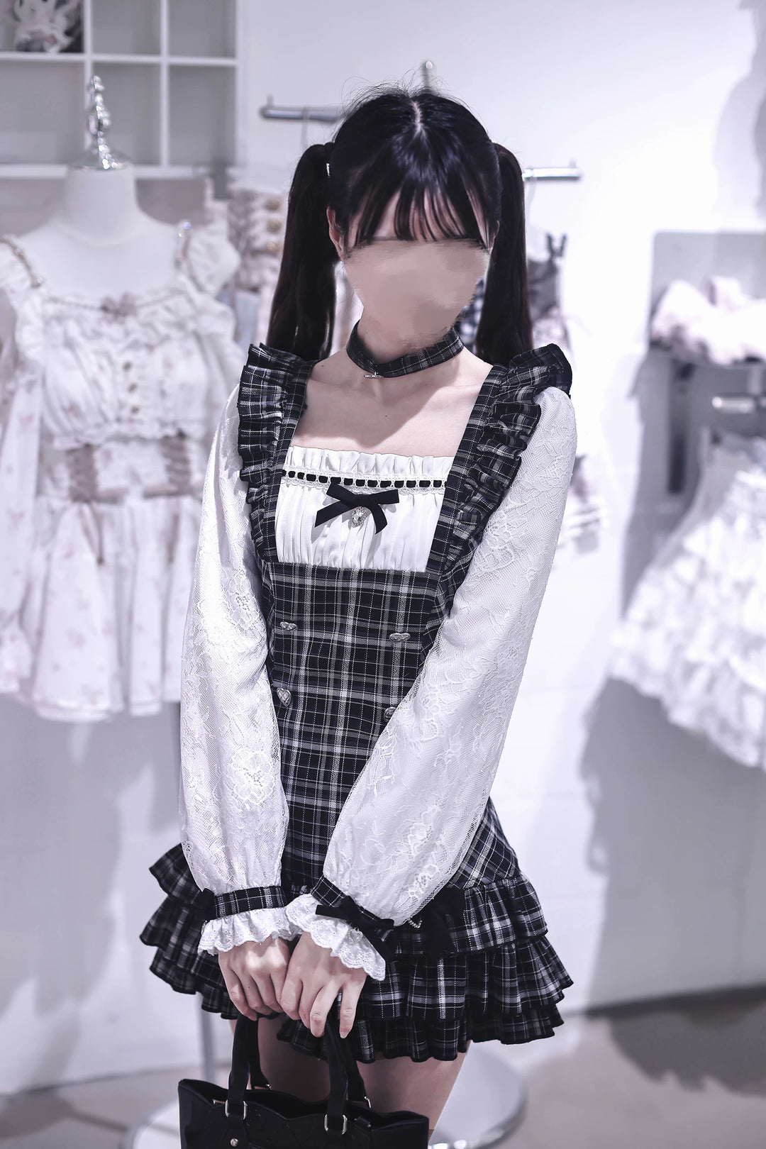 Jirai Kei Plaid Dress, White Lace Long Sleeve 45838:865329