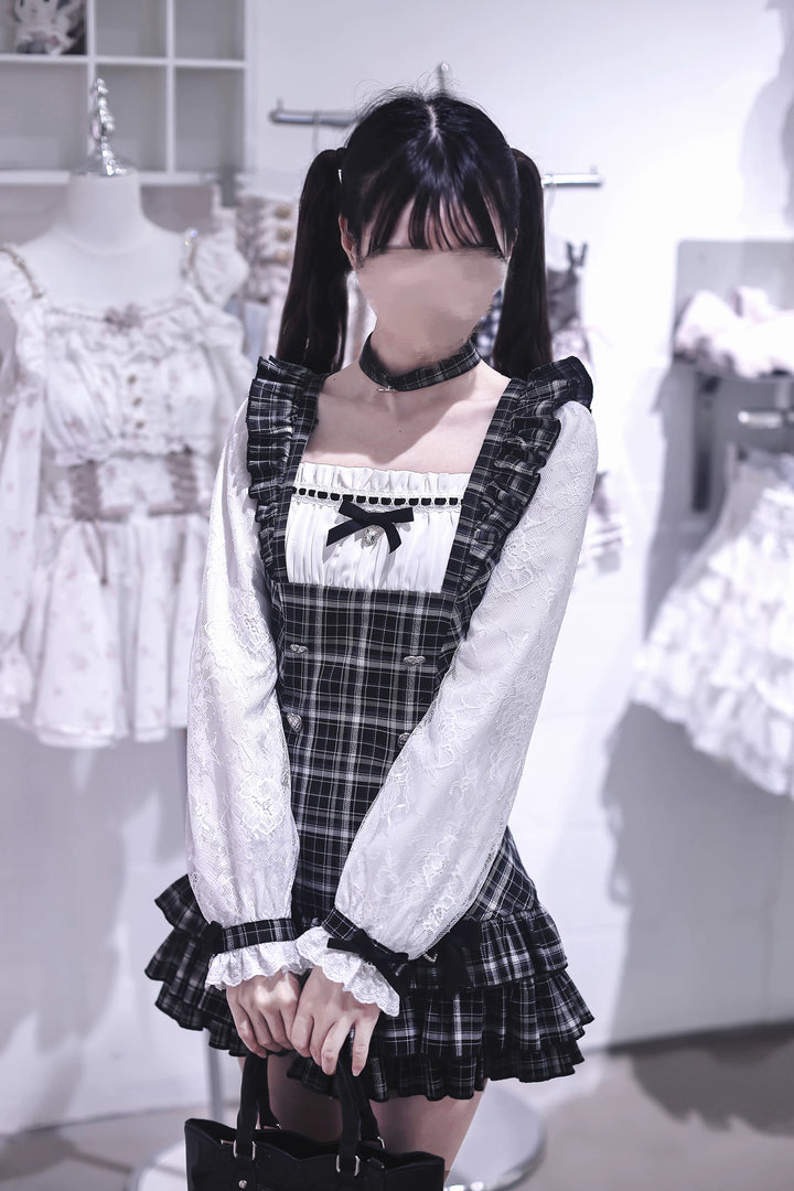 Jirai Kei Plaid Dress, White Lace Long Sleeve 45838:865329