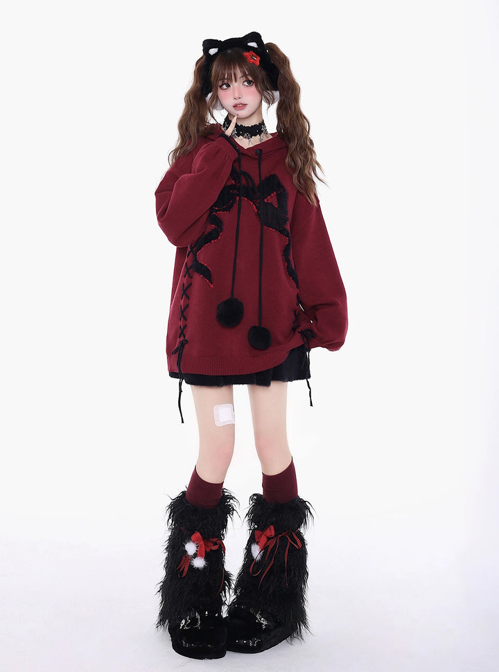 Yami Kawaii Sweater Bow Black Red Hoodie Detachable Collar 39556:639638