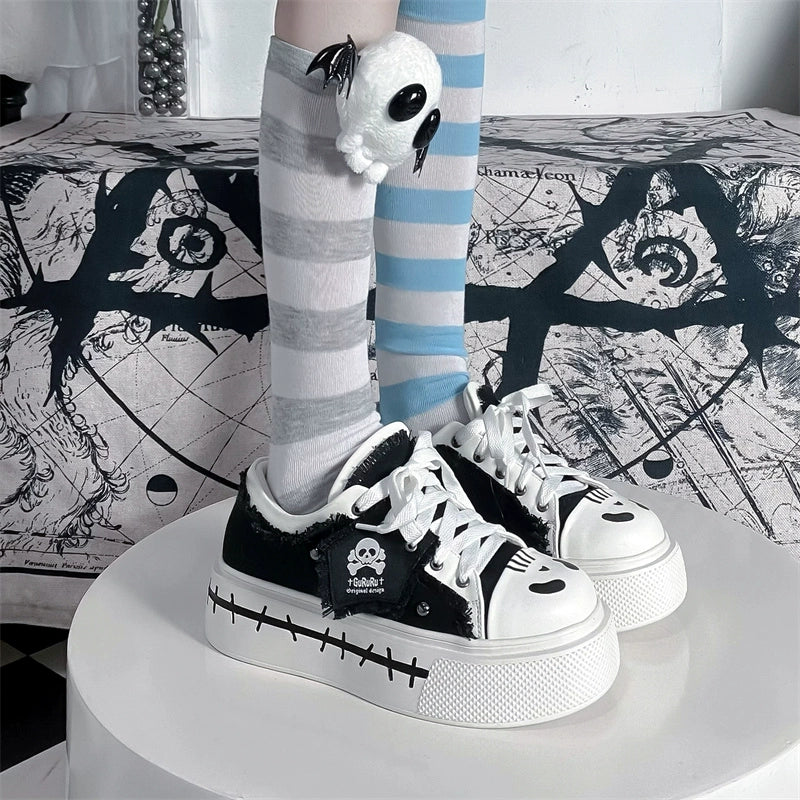 Y2K Subculture Girl Platform Canvas Black White Shoes 28960:343966