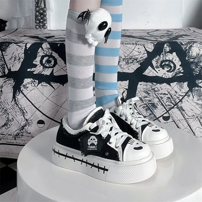 Y2K Subculture Girl Platform Canvas Black White Shoes 28960:343996