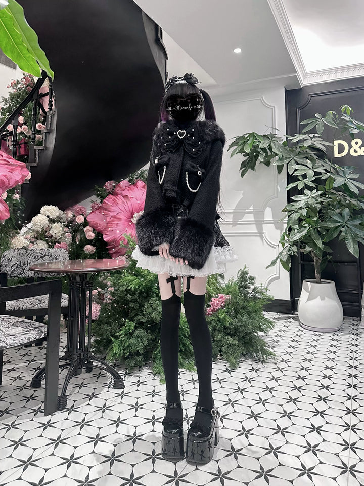 Black Jirai Kei Short Coat, Detachable Faux Fur Collar 44331:805477