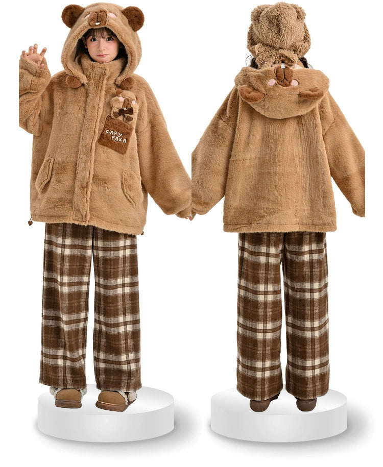 Kawaii Winter Coat Fleece Brown Hooded Coat With Bear Ears 40222:658998