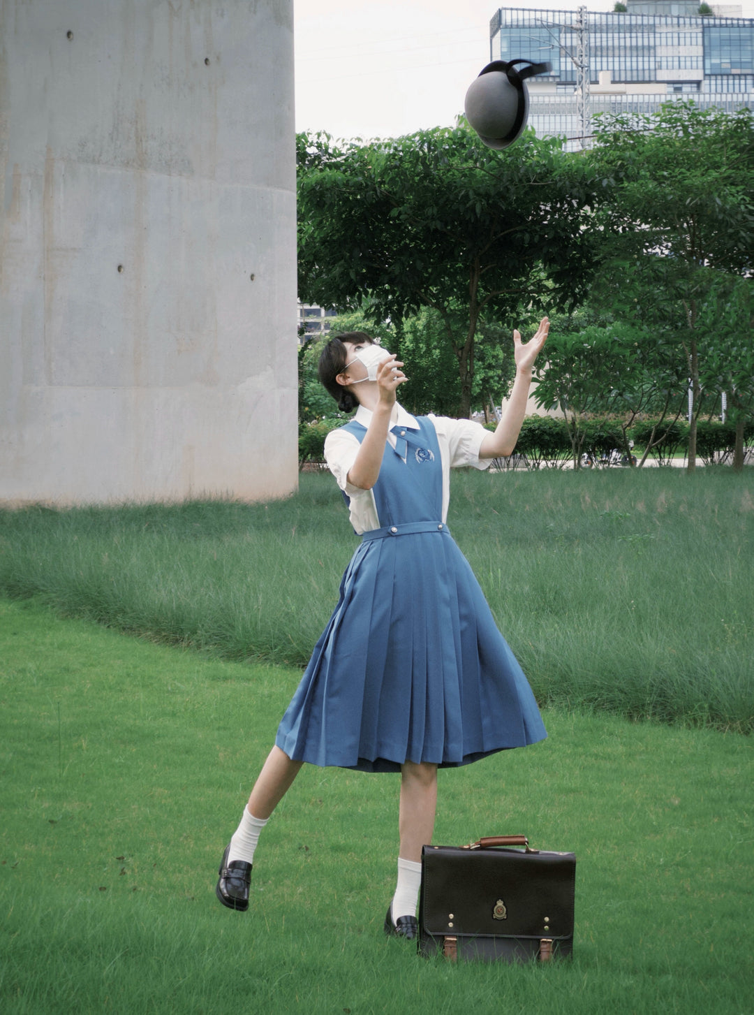 Gay-Blue Knee-Length JK Uniform, Detachable Vest 43446:778478