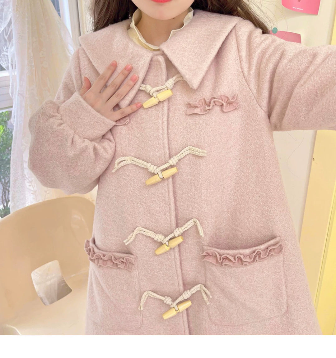 Kawaii Pink Yellow Beige Coat With Cow Horn Button 29450:347920 29450:347920