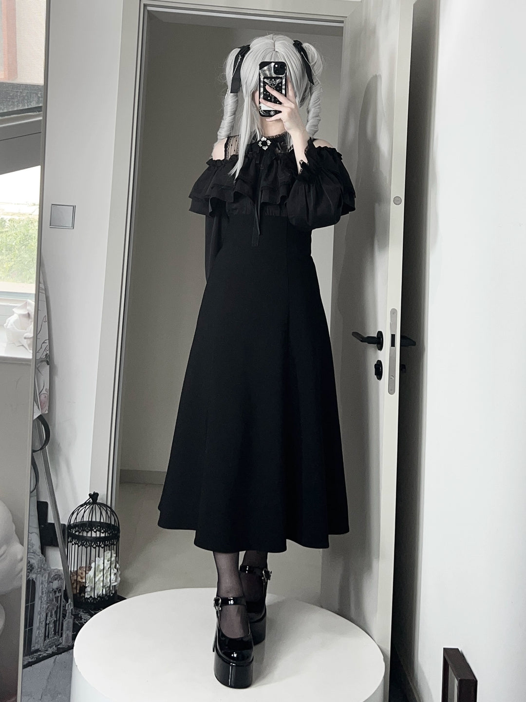 Gothic Black Open-Shoulder Long Dress 44168:798406