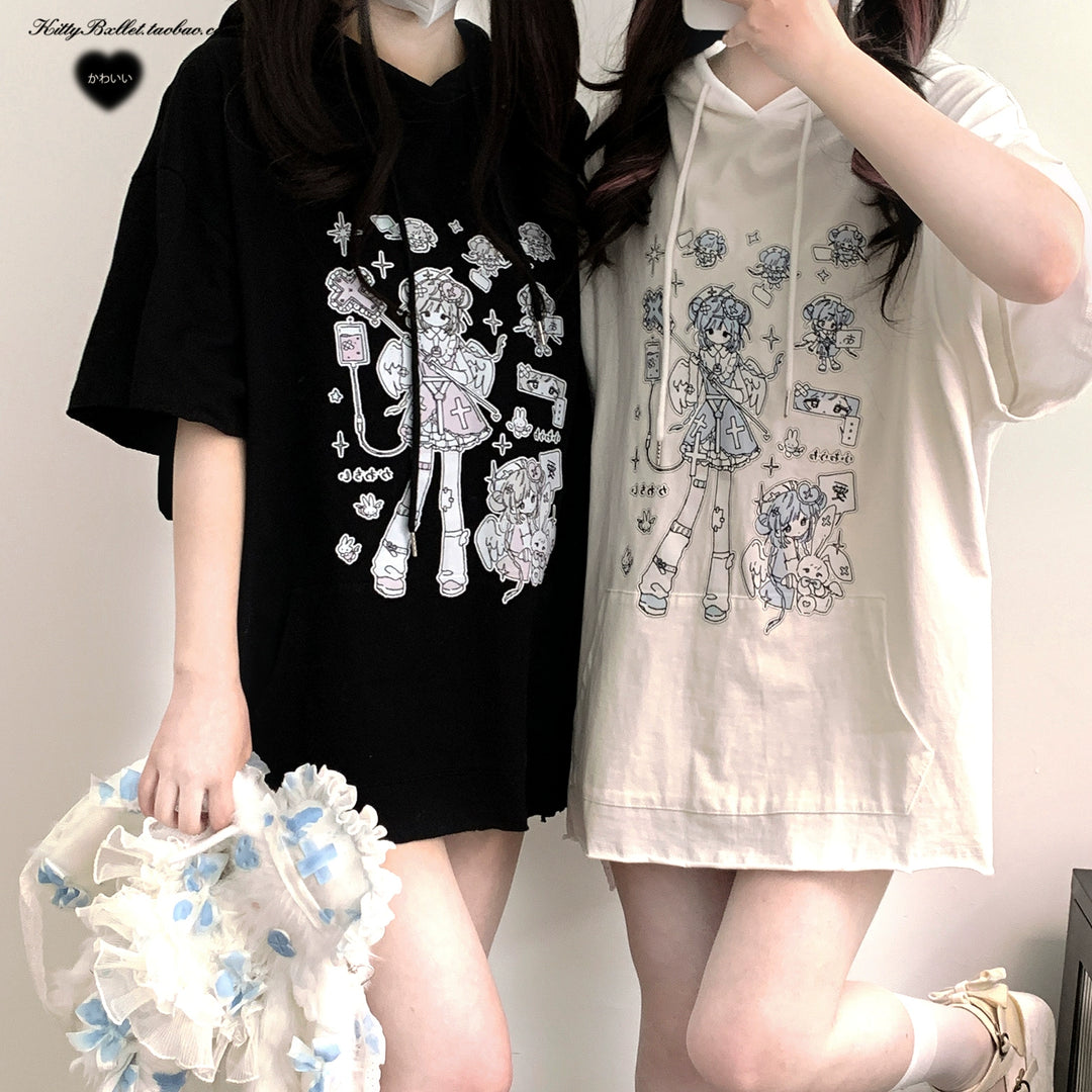 Jirai Kei Hoodie Rabbit Ear Hat Short-sleeved Top 38324:582976