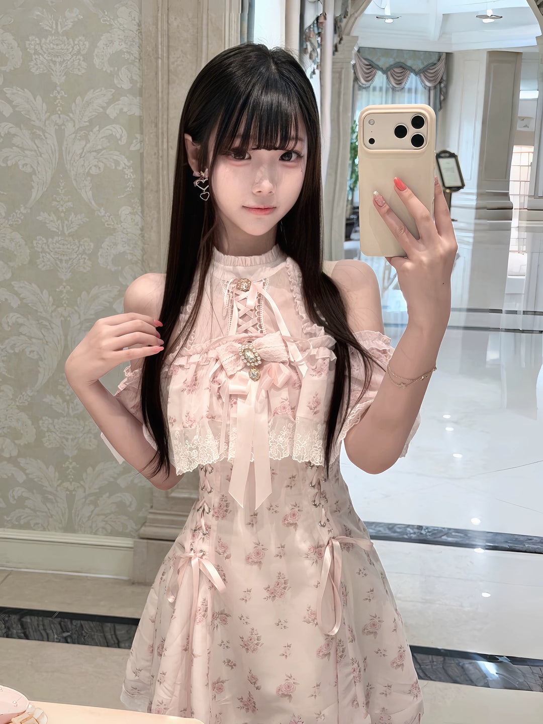 Pink Open Shoulder Ryousangata Dress, Floral Print 45289:846982