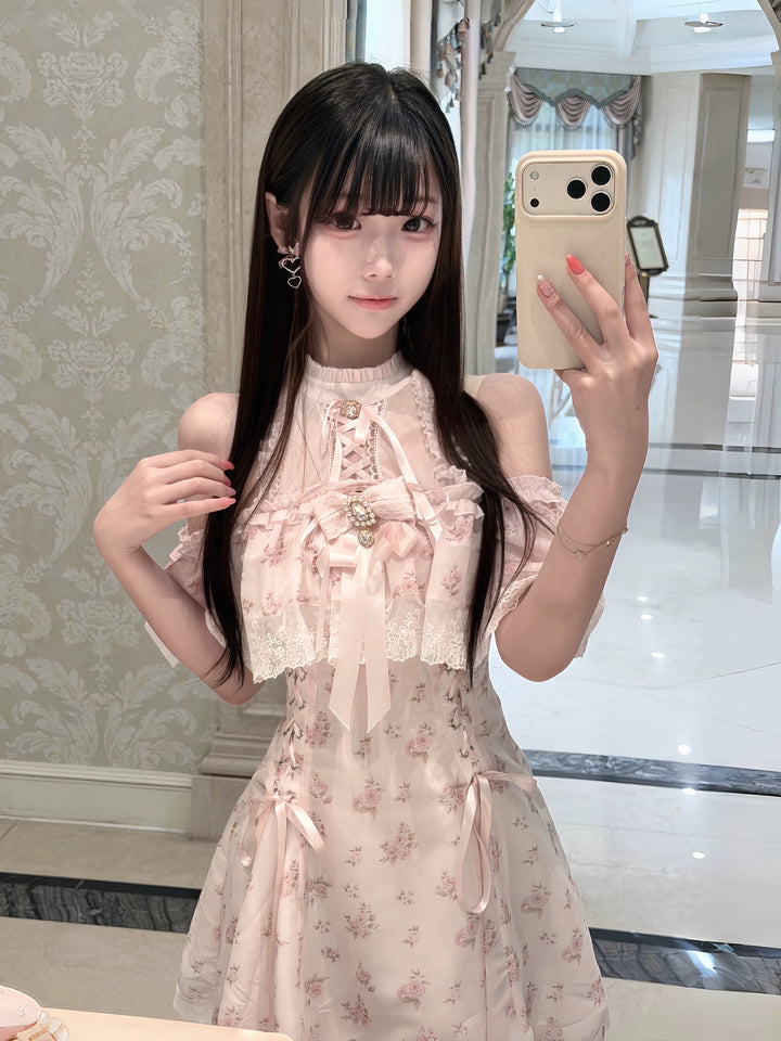 Pink Open Shoulder Ryousangata Dress, Floral Print 45289:846982