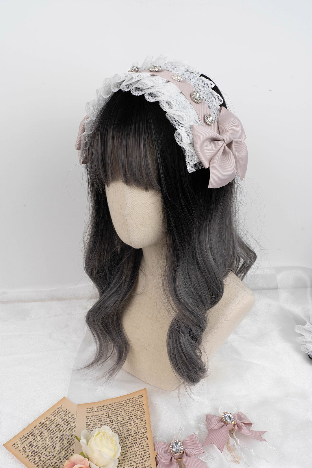 Jirai Kei Headband Lace Bow Headdress Rhinestones Hair Accessory 35650:507208 35650:507208