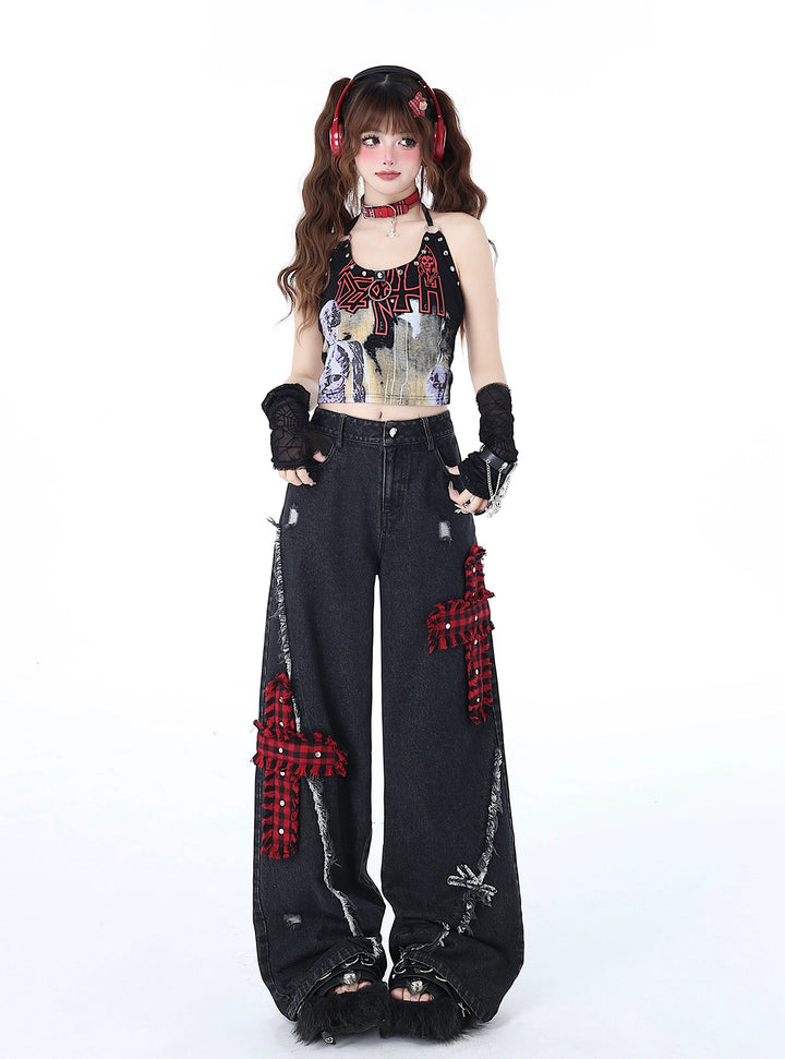 Punk Wide-Leg Pants Subculture Trousers Black Straight Jeans 39548:632780